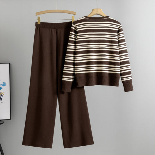 Women's Striped Korean Fashionable Casual Knitted Two-piece Suits