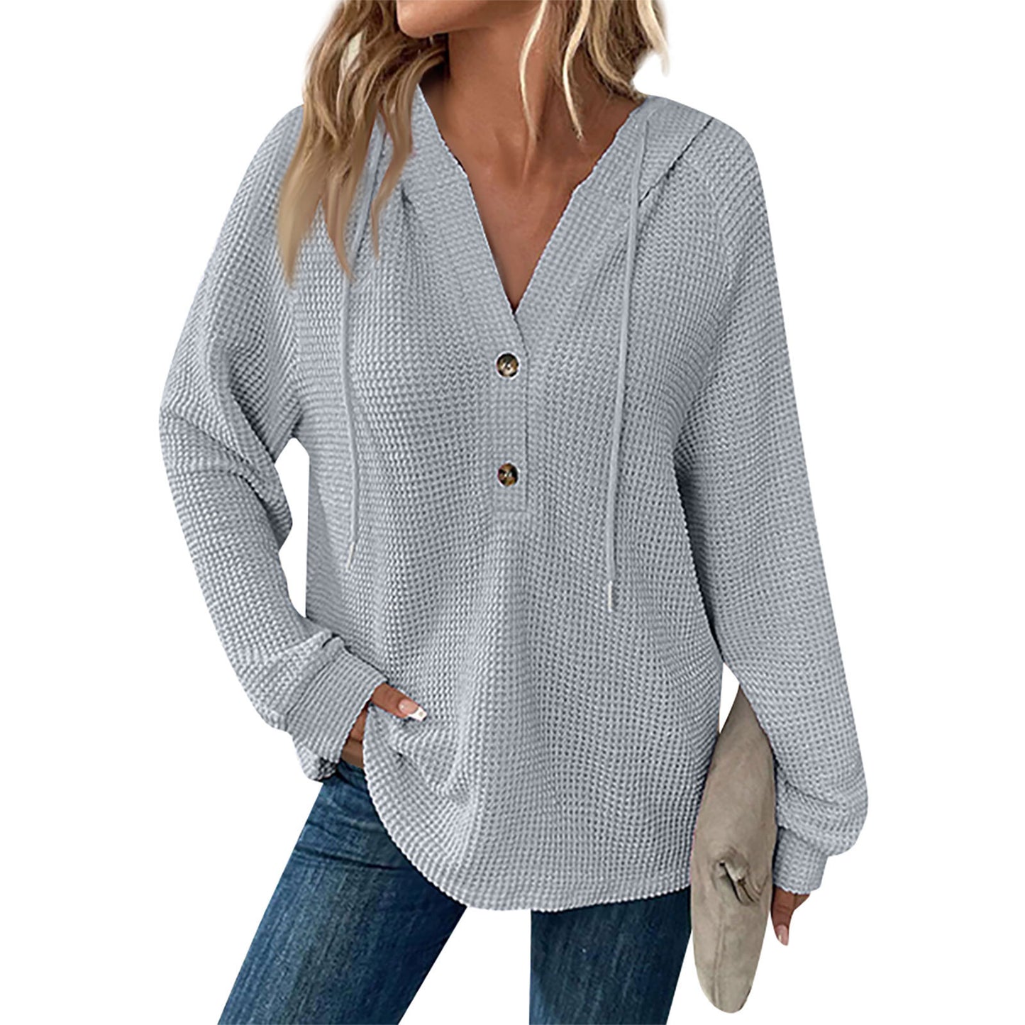 Women's Color Waffle Hooded Button Loose Long Women's Sweater, Sweater