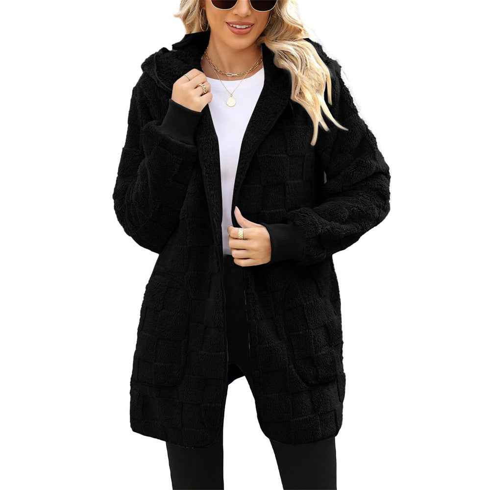 Women's Winter Plaid Jacquard Hooded Pocket Plush Women's Sweater, Sweater