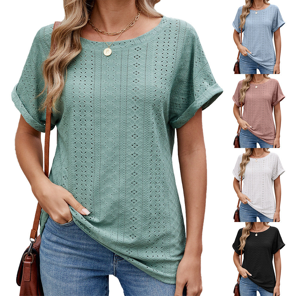 Women's Solid Color Round Neck Sleeves Loose-fitting Casual Women's T-shirt
