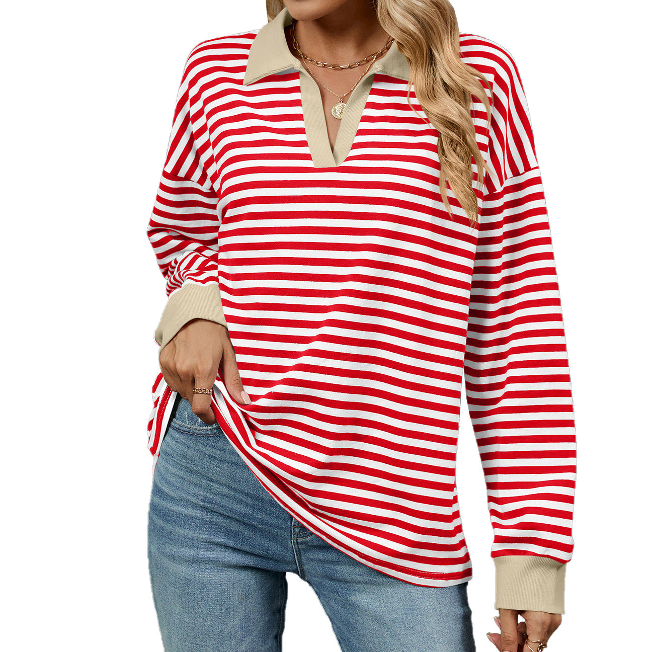 Women's Color Lapels Loose Long Sleeve Striped Women's Sweater, Sweater