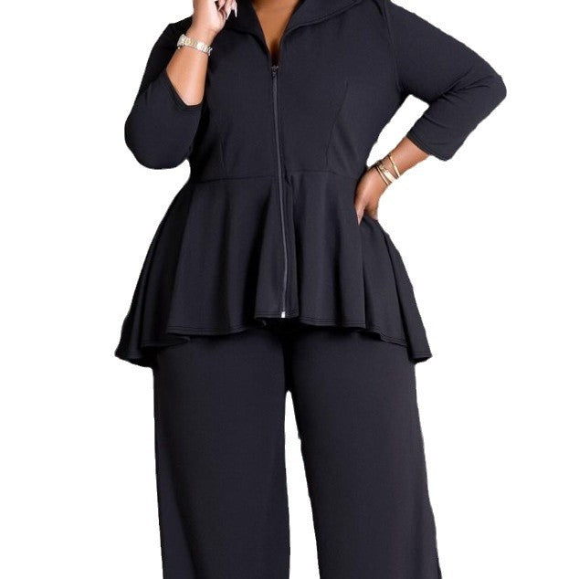 Women's Long Sleeve Lapel Zipper Wide Leg Suits