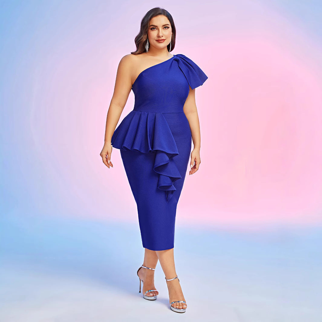 Temperament Elegant One Shoulder Ruffles Fashion Dress