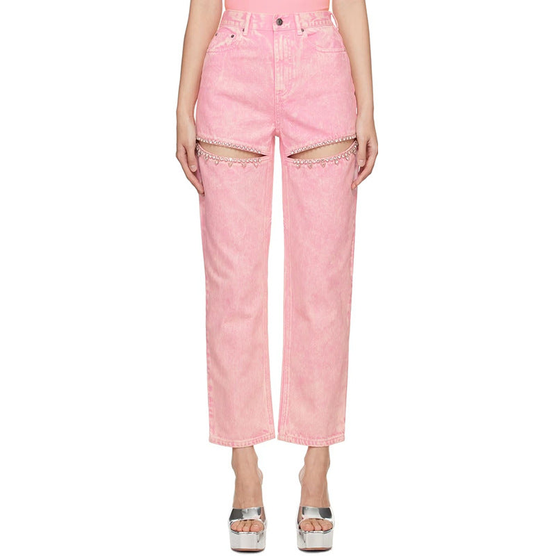 Waist Long Diamond Studded Hollow Design Jeans