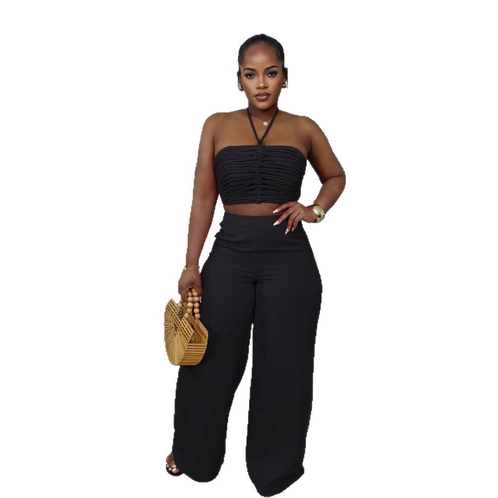 Smocking High Waist Loose Zip Trousers Suits