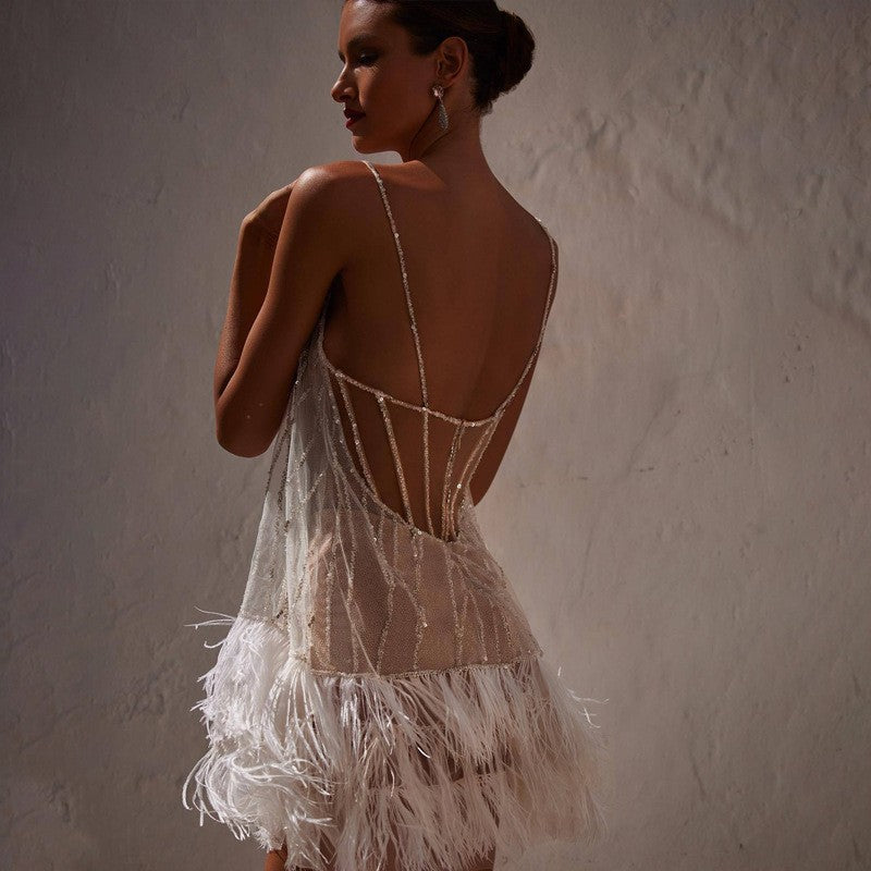 Sexy Backless Layered Tassel Mesh Sequin Dresses