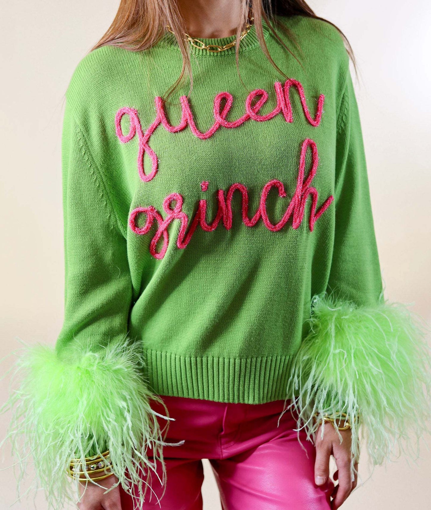 Women's Christmas Letter Embroidered Crew Neck Feather Cuff Sweaters