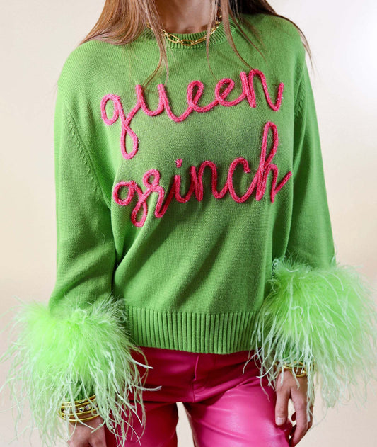 Women's Christmas Letter Embroidered Crew Neck Feather Cuff Sweaters