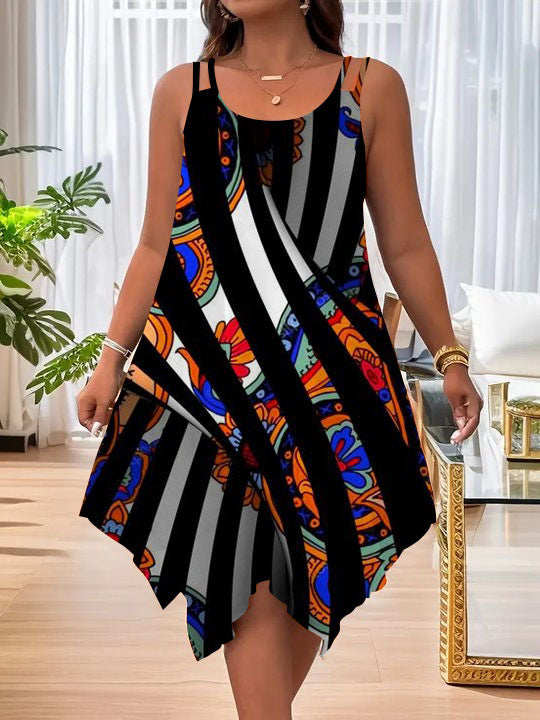 Women's Strap Summer Casual Asymmetric Hem Round Dress