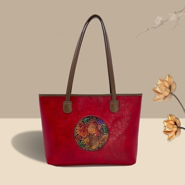 Women's Ethnic Style Leather Carving Goldfish High-grade Tote Bags