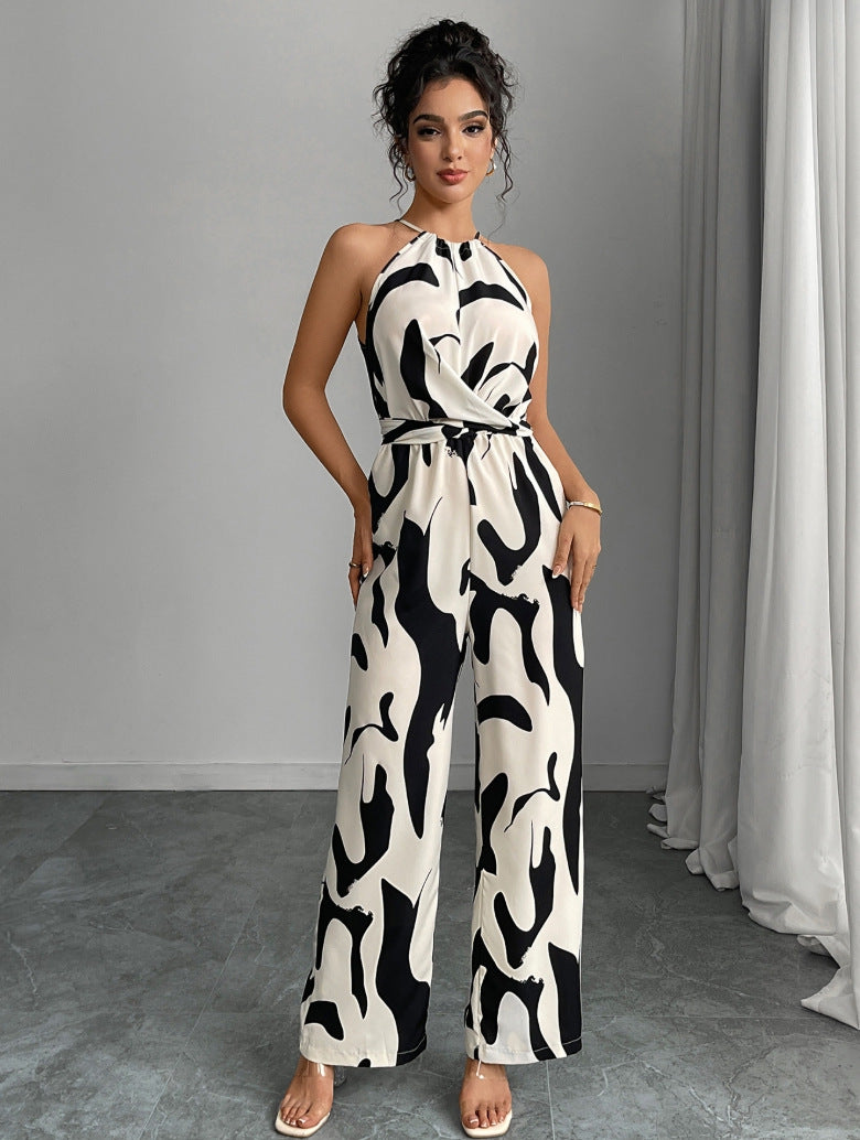 Women's Milk Pattern Halter Spaghetti Straps Backless Women's Jumpsuit/clothing