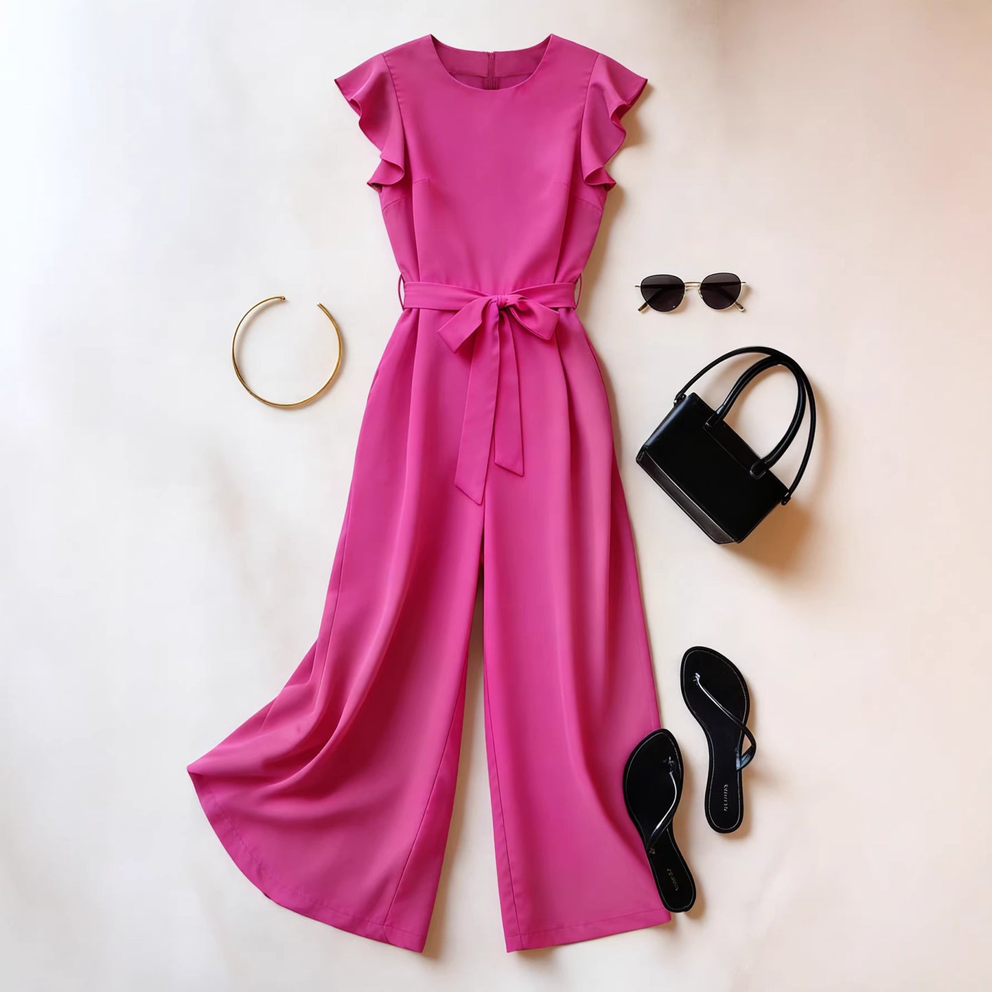 Attractive Women's Ruffle Sleeve Solid Color Jumpsuits