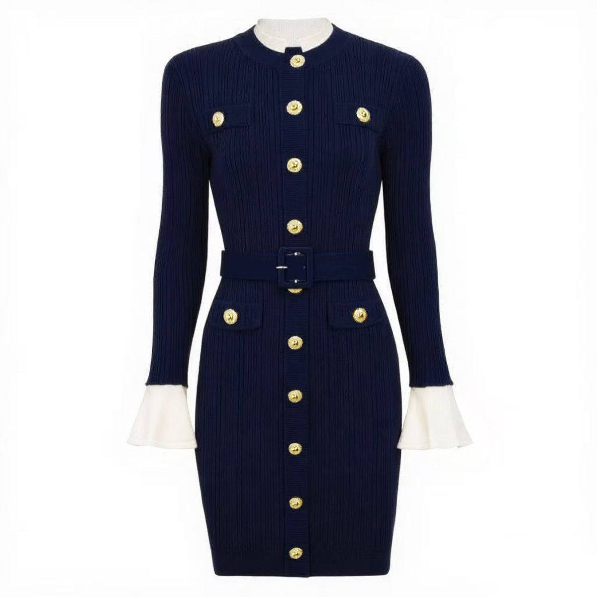 Long Sleeve Round Neck Belt Knitted Dresses