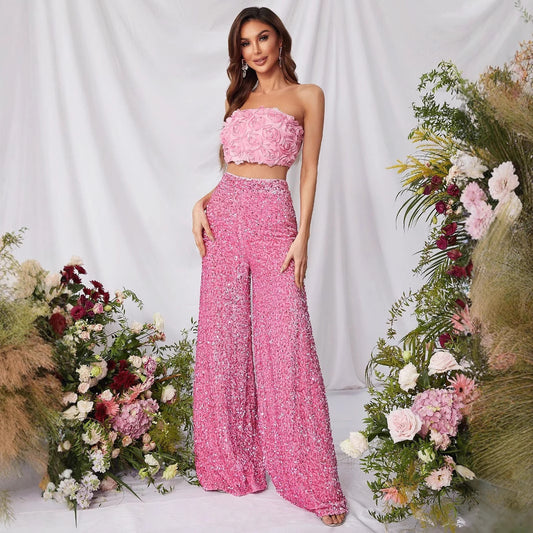 Pure Color Sequins Wide Leg Fashion Mid Pants