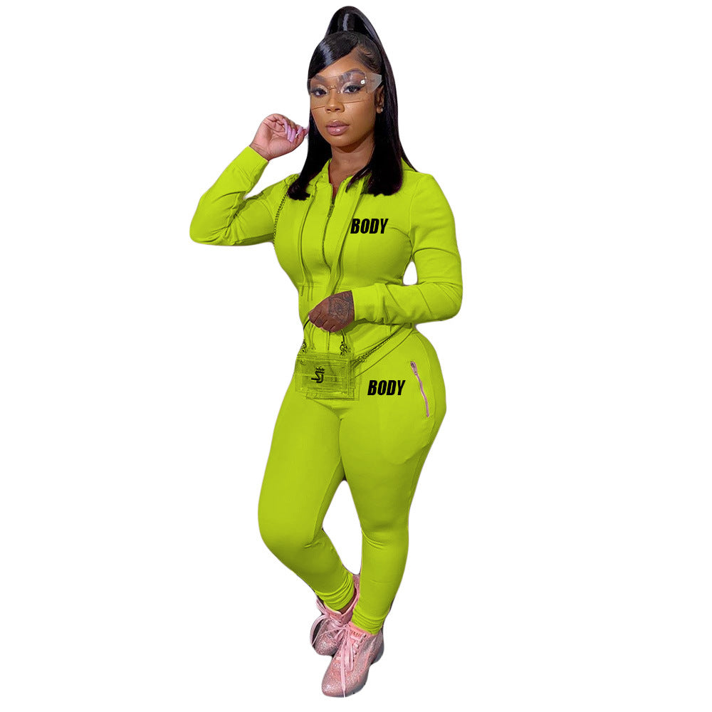 Women's Autumn Letters Printing Personality Zipper Two-piece Suits