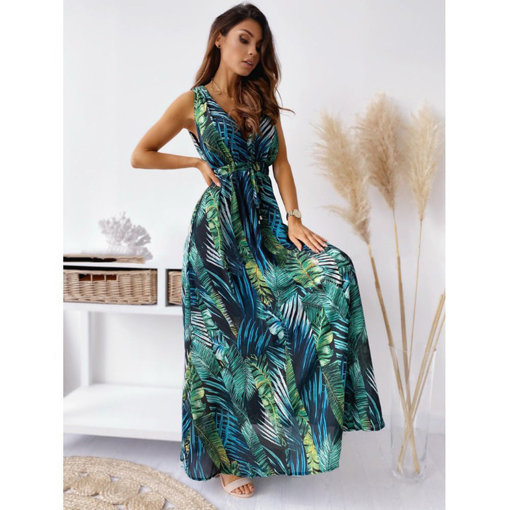 Women's Summer Print Backless Lace Up Sleeveless Dress