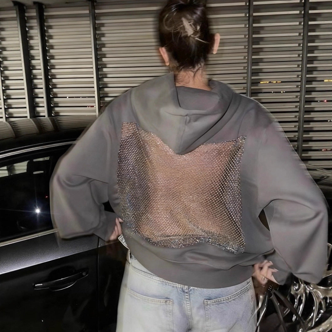 Women's Hooded Long Sleeve Backless Stitching Mesh Women's Sweater, Sweater