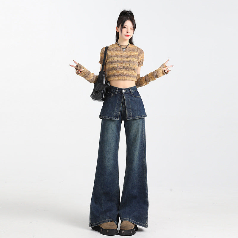 Women's Fake Two-piece Dark Blue Fart Curtain Jeans