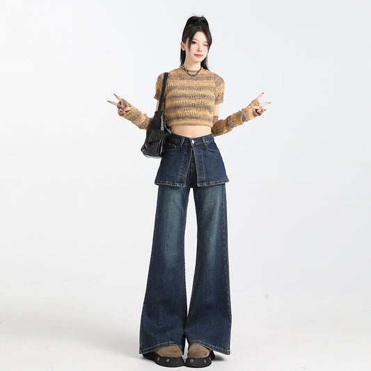 Women's Fake Two-piece Dark Blue Fart Curtain Jeans