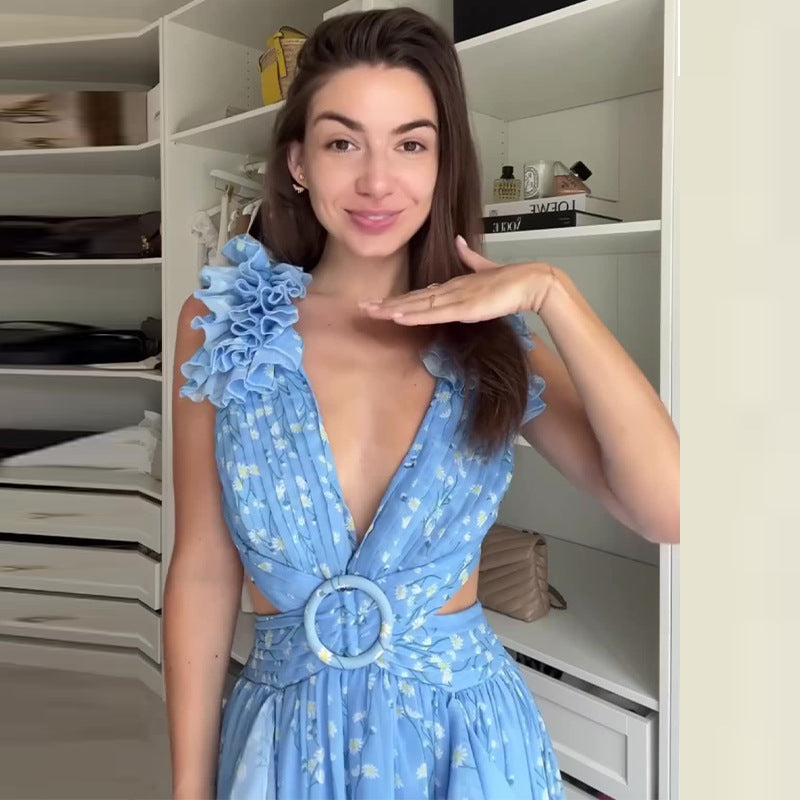 Summer Fashion Pastoral Print Backless Sexy Dresses