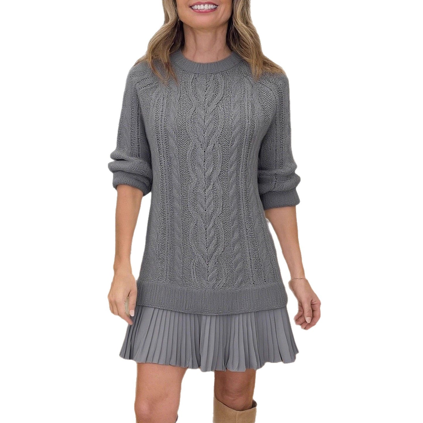 Women's Round Neck Solid Color Long Sleeve Skirts