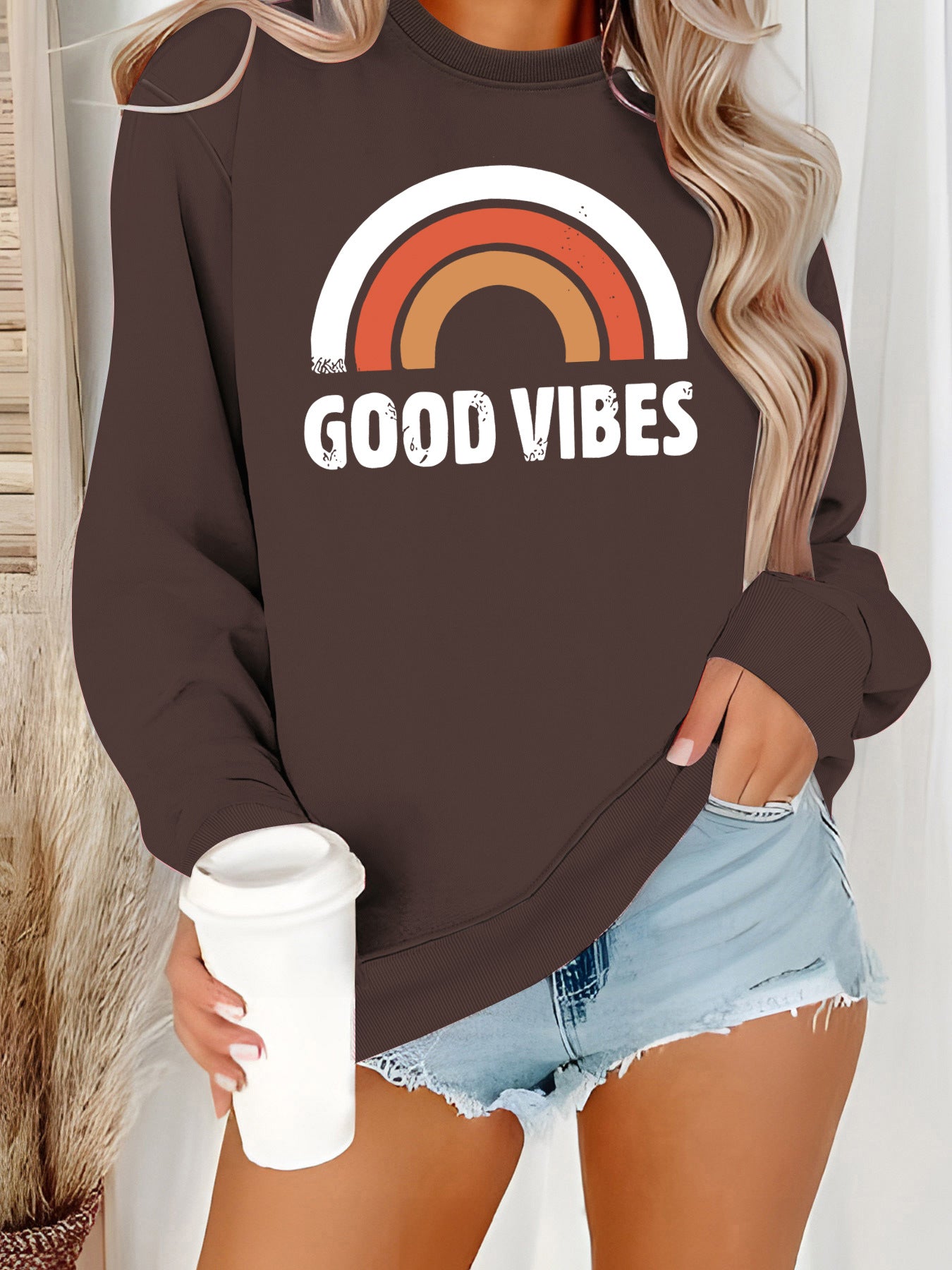 Women's Casual Long-sleeved Round Neck Rainbow Printing Women's Sweater, Sweater