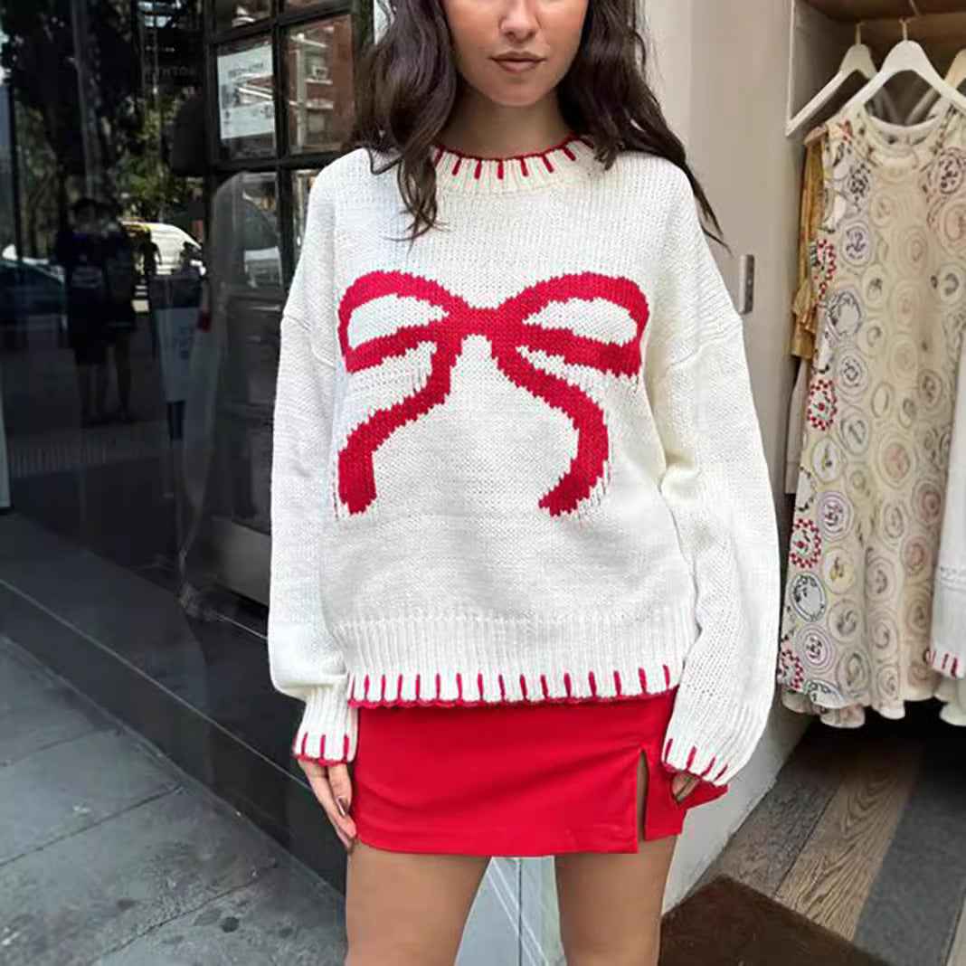 Women's Bow Brocade Idle Style Loose Warm Sweaters