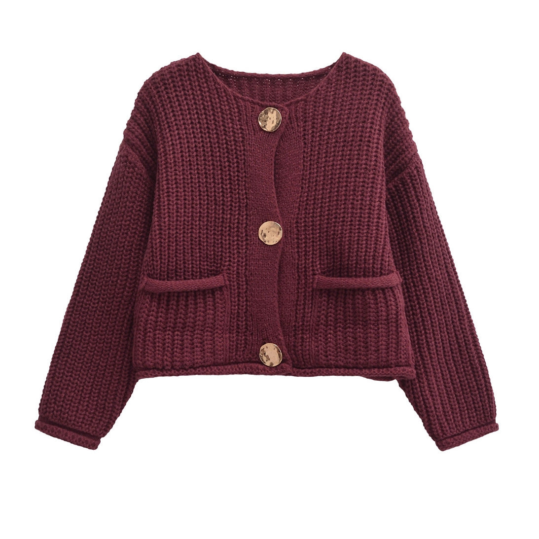 Women's Solid Color Single-breasted Double Pocket Thick Sweaters