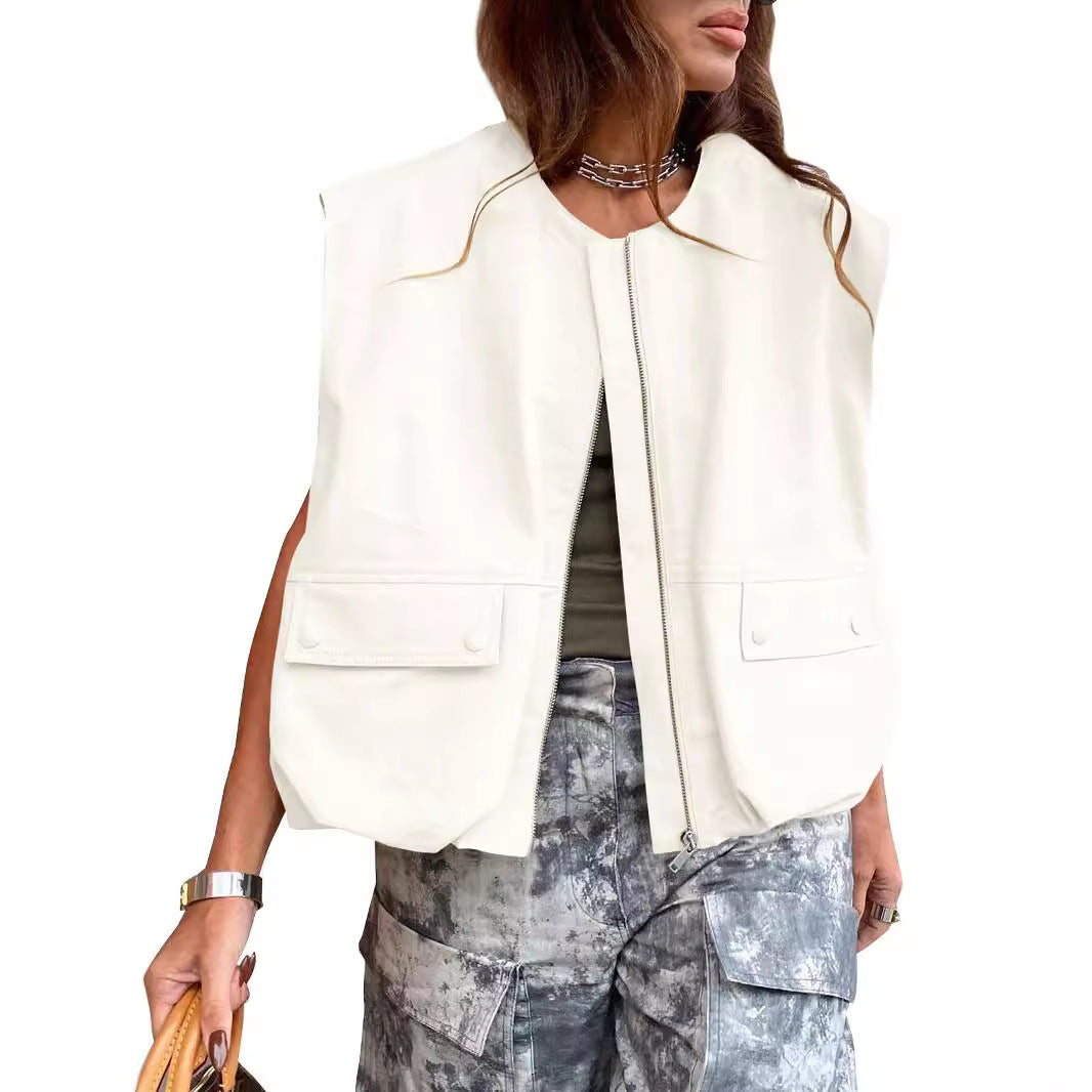 Women's Sleeveless Pocket Loose-fitting Waistcoat Zip Fashion Women's Vest