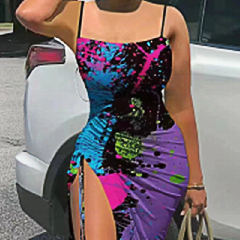Printing Sexy Slit Drawstring Adjustable Pleating Skirts