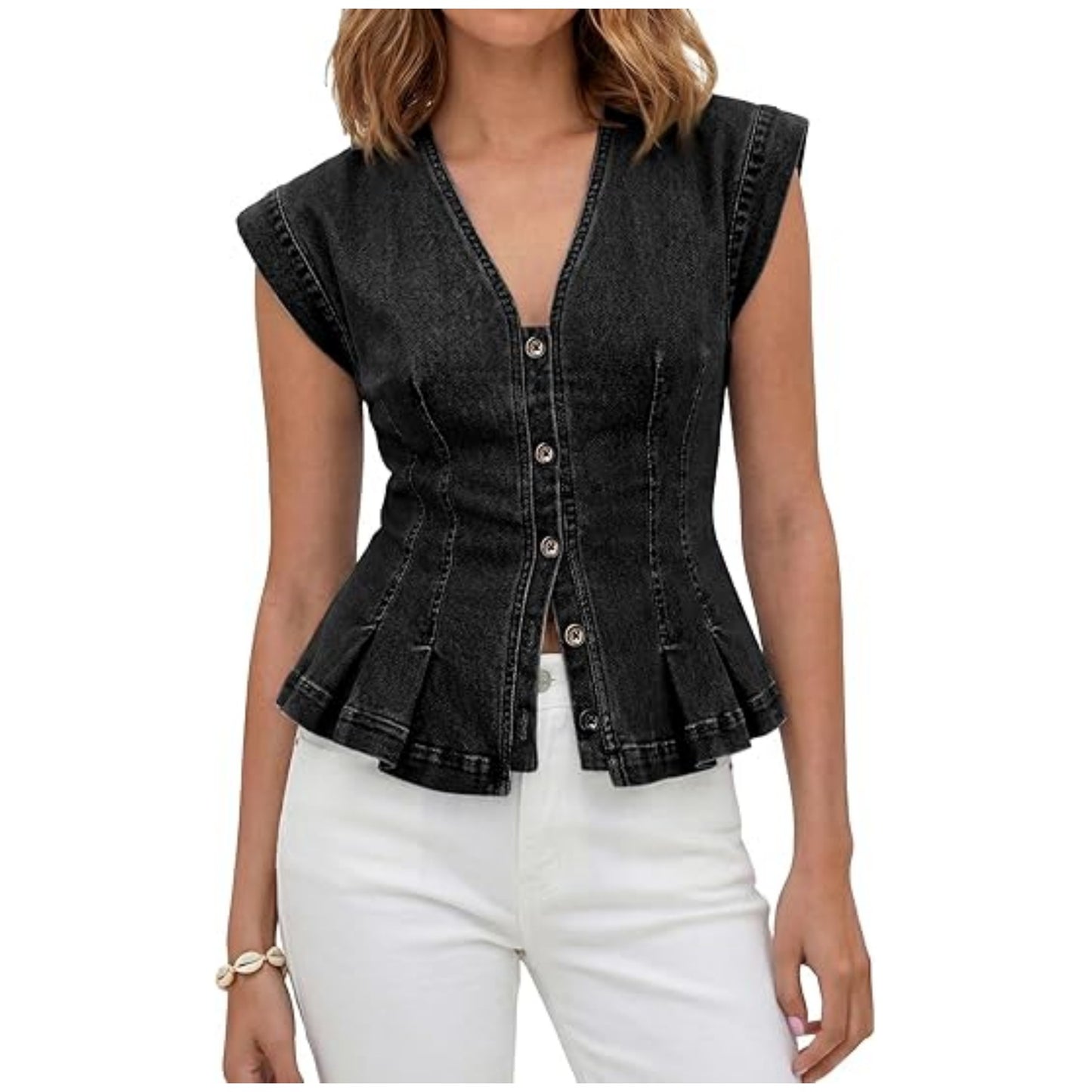 Women's Denim Fashion Casual Buckle Pleated Sleeveless Tops