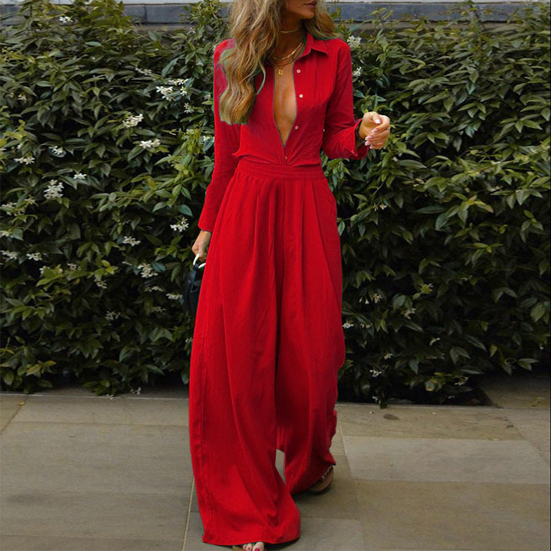 Women's Temperament Pure Color Shirt Loose Trousers Suits