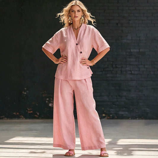 Women's Solid Color Loose Short-sleeved High Waist Trousers Fashion Casual Suit