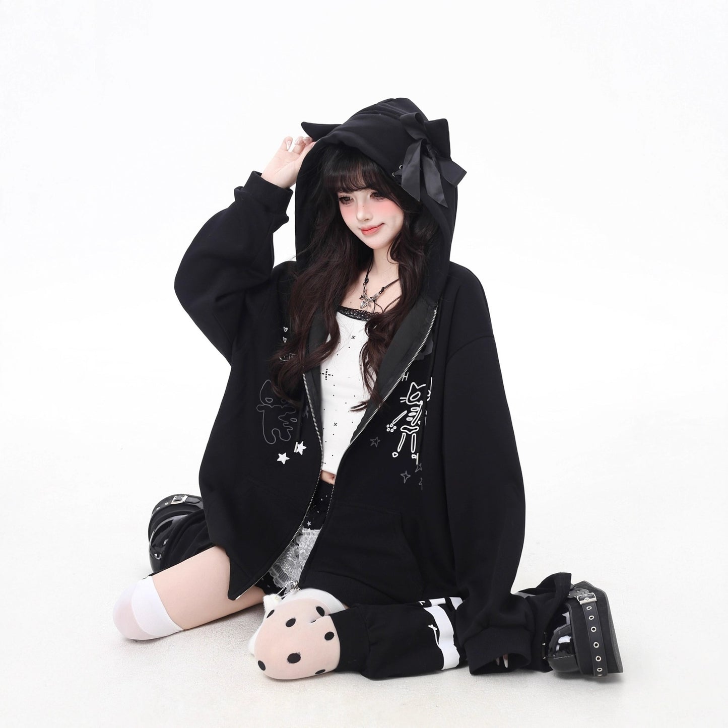Style Cute Cat Gray Hooded Long Sleeve Sweaters