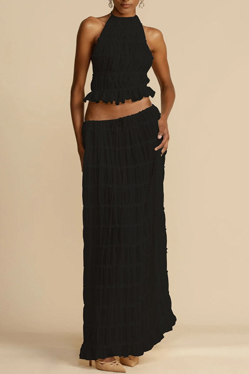 Fashion Sexy Backless Halter Pleated Lace Suits