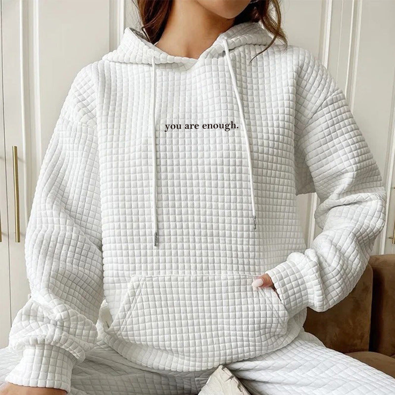 Women's Waffle Hooded Long Sleeve Letter Print Sweatshirt Women's Sweater, Sweater
