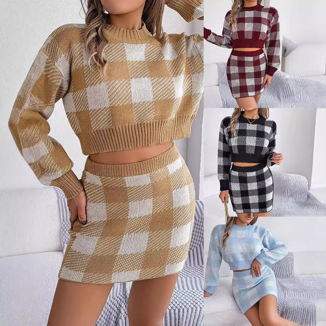Women's Contrast Color Plaid Long Sleeves Cropped Fashion Casual Suit