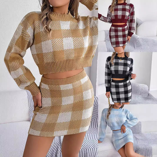 Women's Contrast Color Plaid Long Sleeves Cropped Fashion Casual Suit