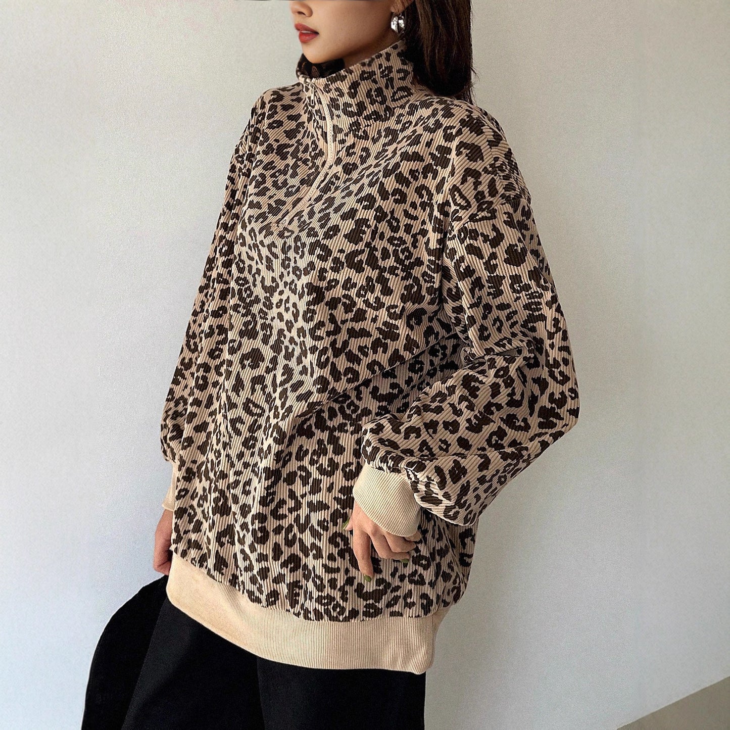 Style Stand Collar Sunken Stripe Leopard Sweaters