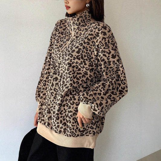 Style Stand Collar Sunken Stripe Leopard Sweaters