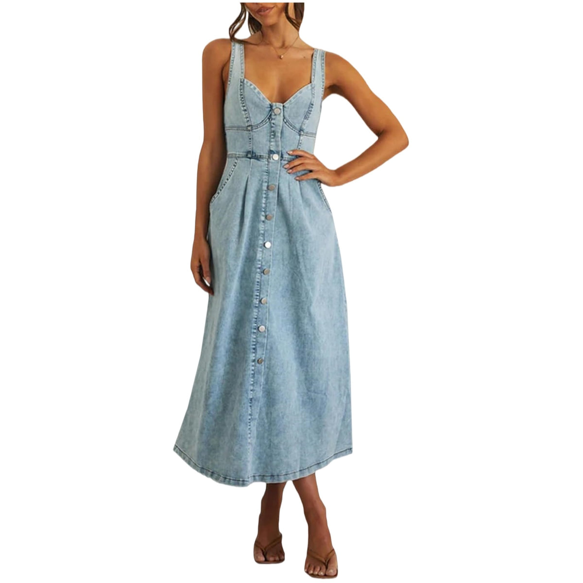 Women's Summer Blue Denim Distressed Strap Single Dress