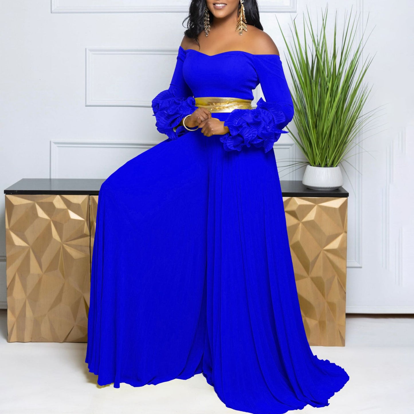 Fashion Ruffle Sleeve Solid Color Pleated Jumpsuits