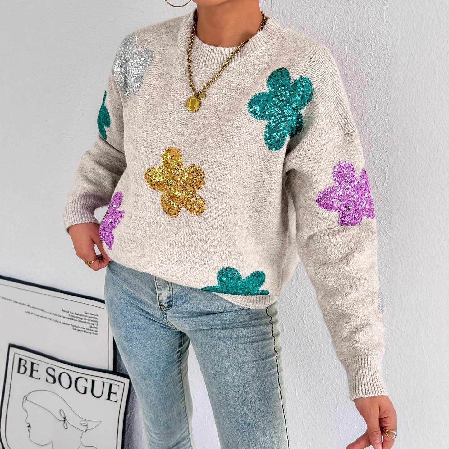 Flower Sequined Embroidered Knitted Pullover Round Sweaters