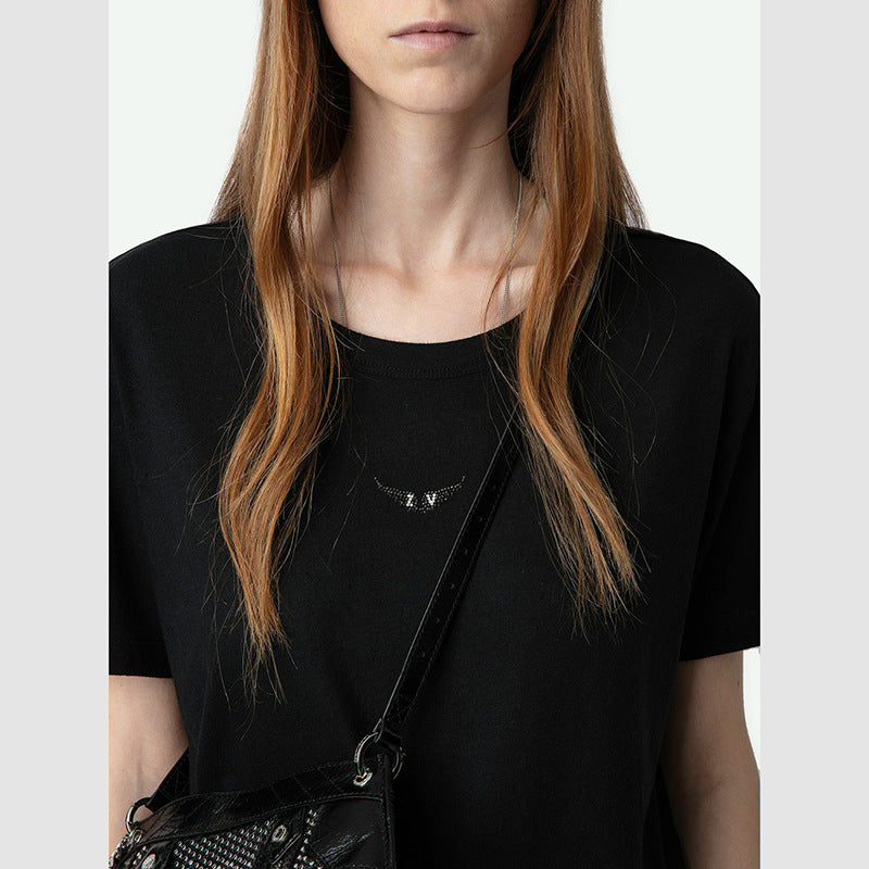 Women's Niche Front Wings Rhinestone Hem Letter Printing Blouses