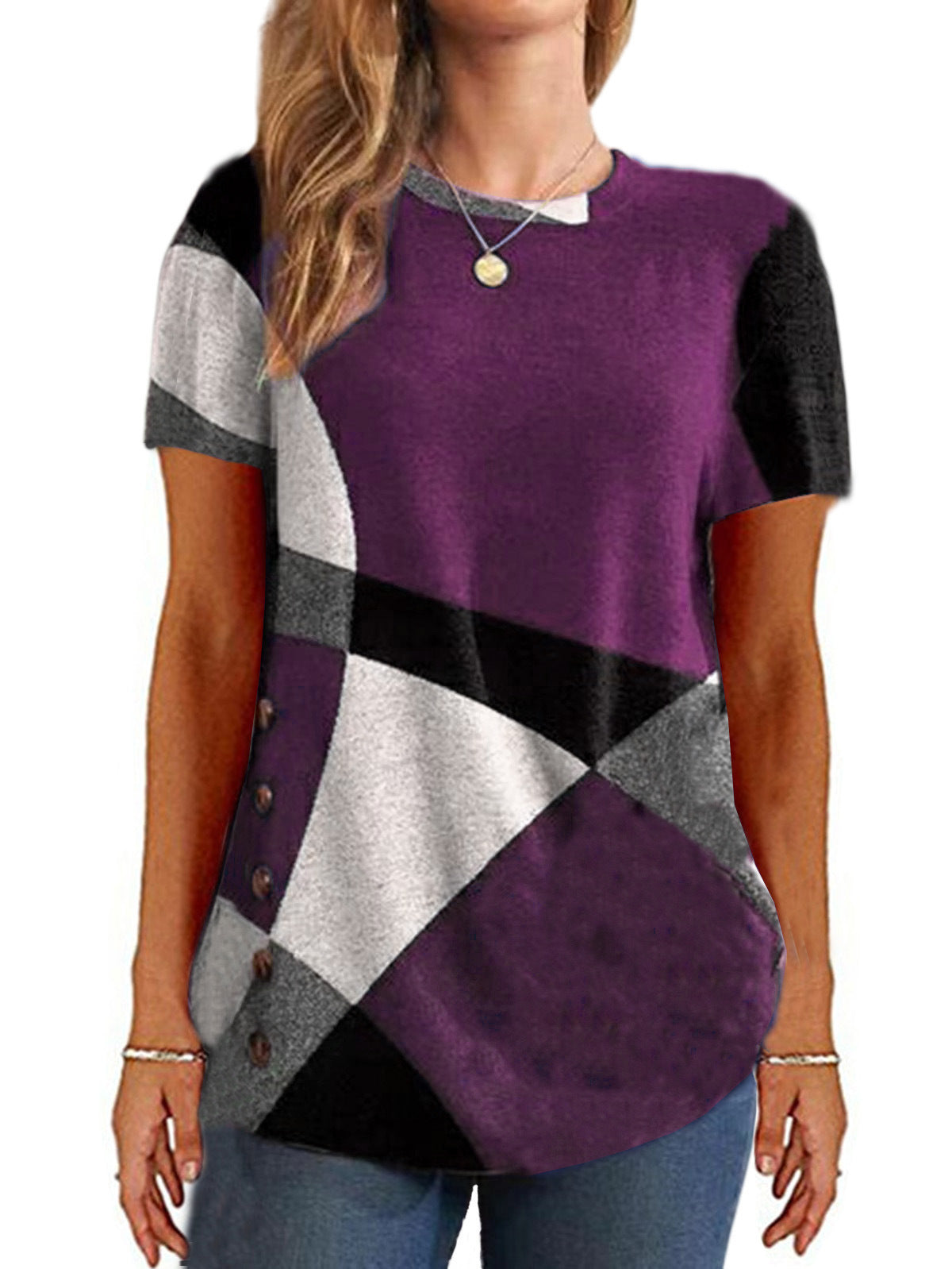 Women's French Cashmere Printing Color Contrast Sleeve Women's T-shirt