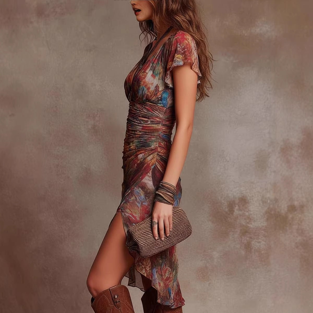 Classic Women's Printed Temperament Mid-length Fashion Dress