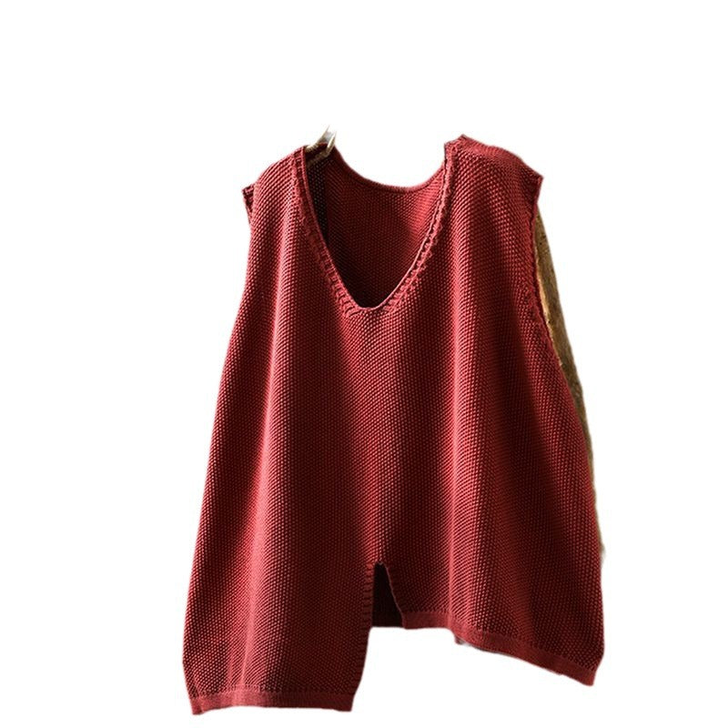 Women's Simple Irregular Lower Hem Ethnic Style Knitted Retro Loose Pullover Women's Vest