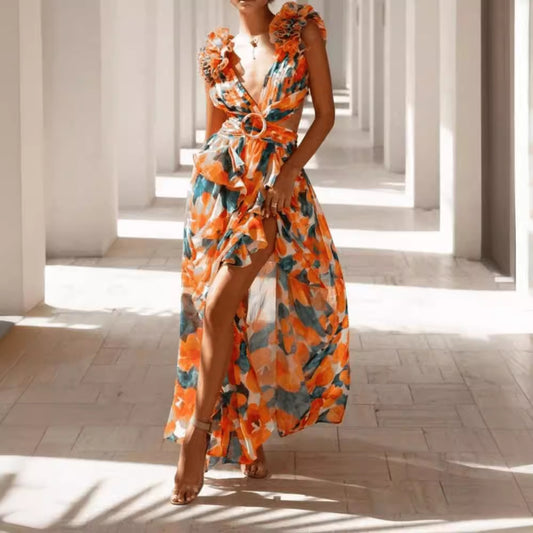Summer Fashion Pastoral Print Backless Sexy Dresses