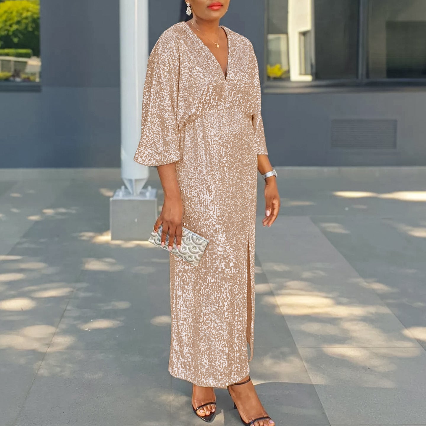 Women's Large Autumn Loose Fashionable Sequins Split Dresses