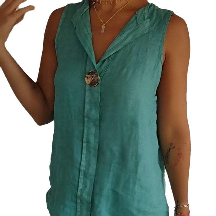 Women's Fake Collar Cotton Linen Sleeveless Casual Women's T-shirt